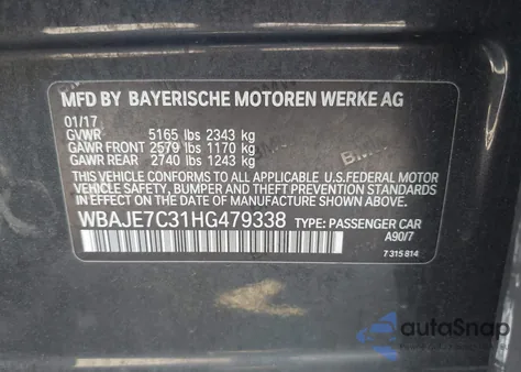 2017 BMW 540I xDrive from USA, damaged, VIN WBAJE7C31HG479338